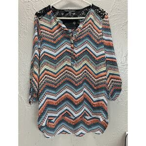 Zac & Rachel Tunic Top Womens Small Warm Brown Popover Chevron Roll Tab Sleeve